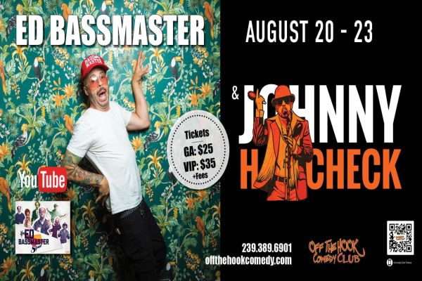 Ed Bassmaster poses in front of a floral wallpaper. Event details: August 20-23 at Off The Hook Comedy Club, featuring Ed Bassmaster and Johnny Heff Check. Ticket prices are $25 (GA) and $35 (VIP). South Florida Business & Wealth