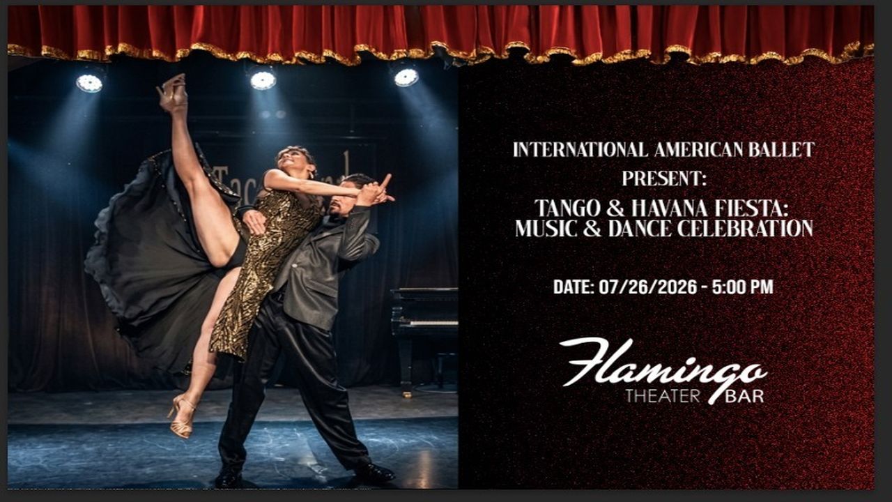 A couple performs a dramatic tango pose on stage, with the woman’s leg raised high. Event details for a Tango & Havana Fiesta by International American Ballet at Flamingo Theater/Bar are displayed beside them. South Florida Business & Wealth