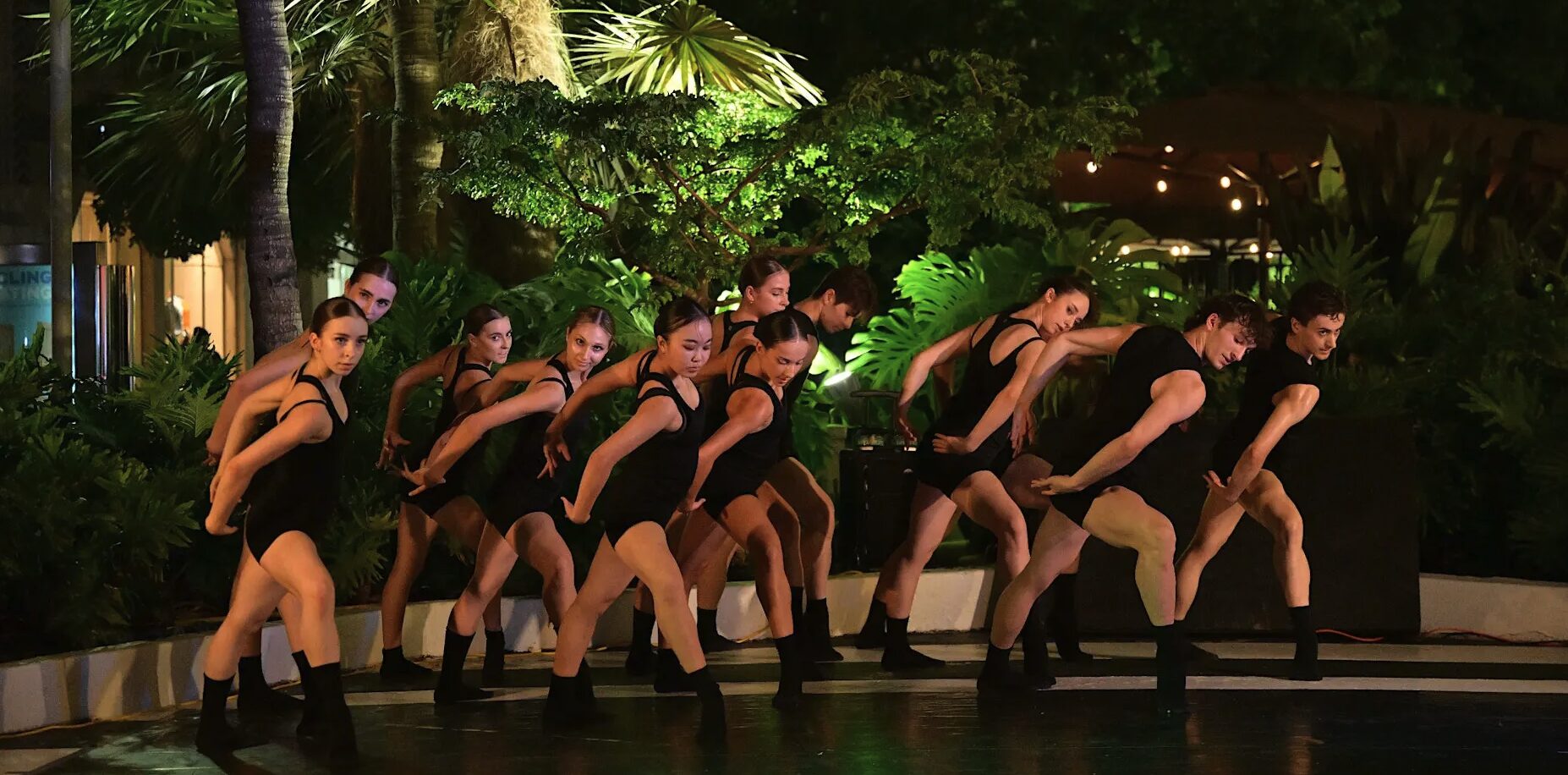 A group of dancers in black outfits perform a synchronized routine outdoors at night, surrounded by lush green plants and illuminated by stage lights. South Florida Business & Wealth
