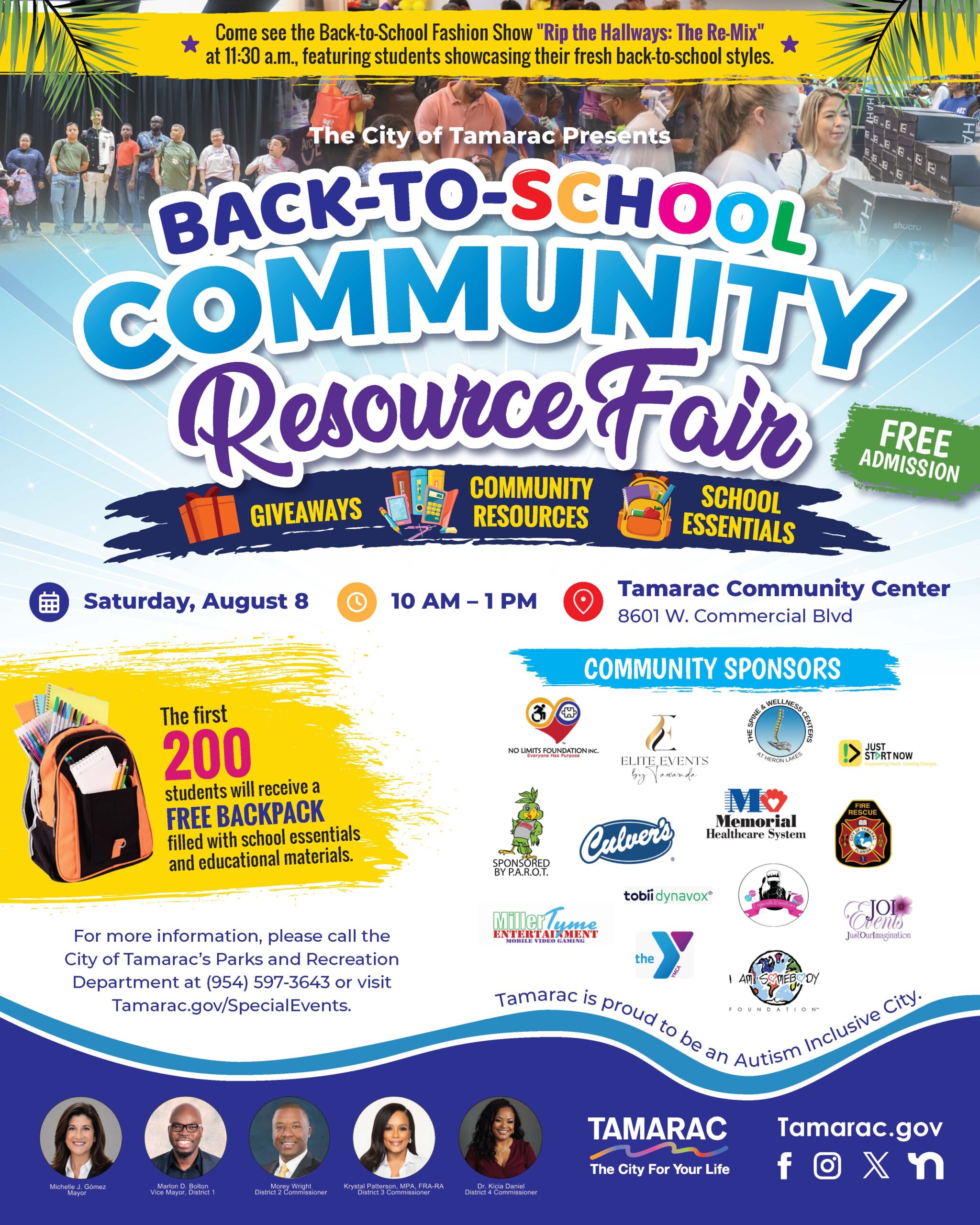 Colorful flyer for the City of Tamarac’s Back-to-School Community Resource Fair, with event details for August 8, 10 AM–1 PM, free admission, giveaways, and sponsors’ logos. Event location and contact info included. South Florida Business & Wealth