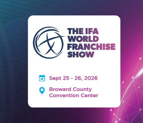 IFA World Franchise Show logo, text with event dates "Sept 25-26, 2026," and location "Broward County Convention Center" on a white square against a purple, blue, and pink gradient background with network graphics. South Florida Business & Wealth
