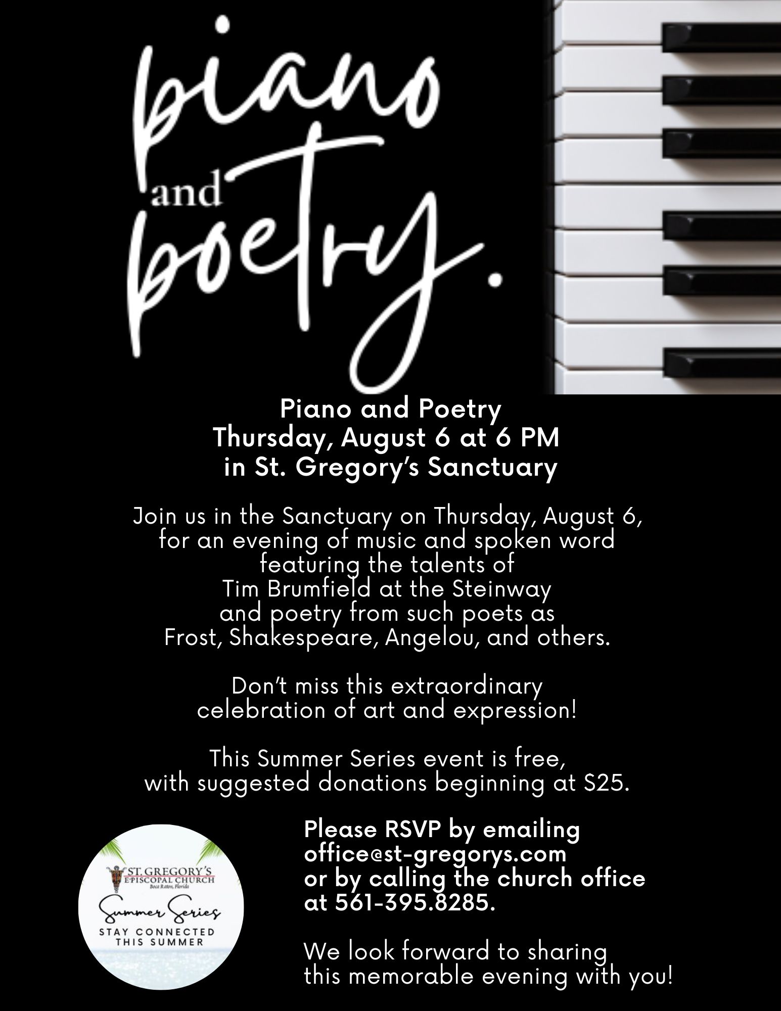 Flyer for "Piano and Poetry" event at St. Gregory’s, with a piano keyboard image, event details, RSVP info, and suggested donations, plus the St. Gregory’s logo and a note about staying connected this summer. South Florida Business & Wealth