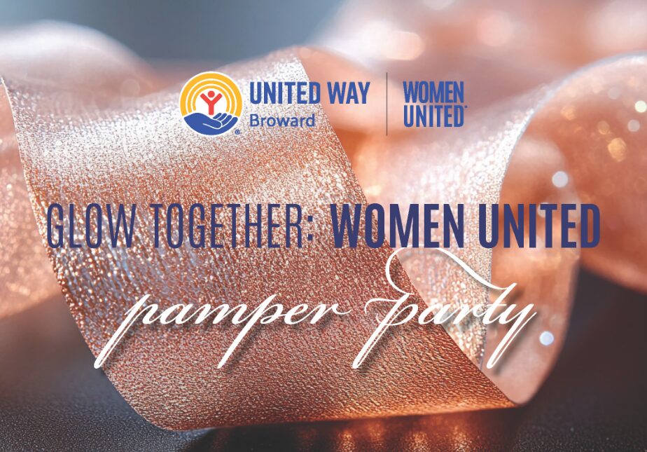 Sparkling pink ribbon background with United Way and Women United logos. Text reads: "Glow Together: Women United Pamper Party. South Florida Business & Wealth