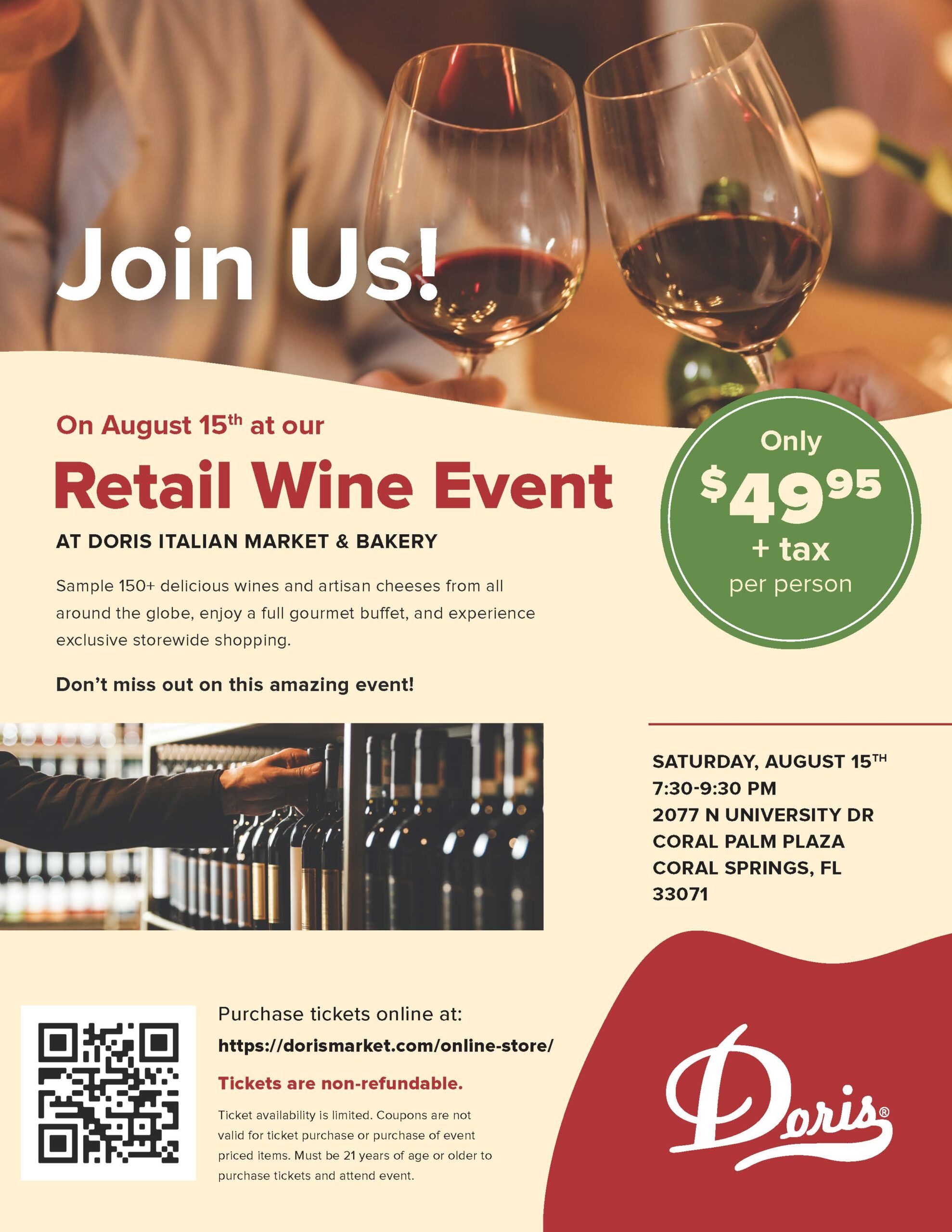 A flyer for a Retail Wine Event at Doris Italian Market & Bakery on August 15th, featuring wine, cheese, and a buffet for $49.95 plus tax. Includes event details, location, and a QR code for online ticket purchase. South Florida Business & Wealth