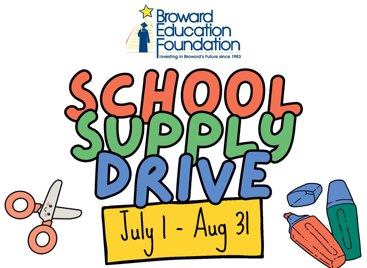 Colorful graphic for Broward Education Foundation’s School Supply Drive, held July 1 to August 31. Includes illustrations of scissors, erasers, glue sticks, and the foundation’s logo at the top. South Florida Business & Wealth