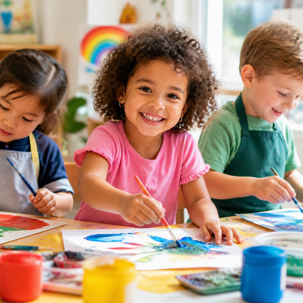 Three young children painting at a table, smiling and enjoying art activities together, with colorful paints and artwork around them in a bright classroom. South Florida Business & Wealth
