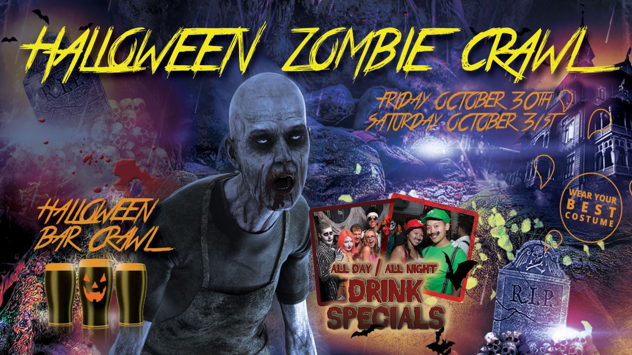 Poster for a Halloween Zombie Crawl event with a creepy zombie, drinks, gravestones, pumpkins, and partygoers in costume. Event dates and “Drink Specials” are highlighted with spooky text and vibrant colors. South Florida Business & Wealth