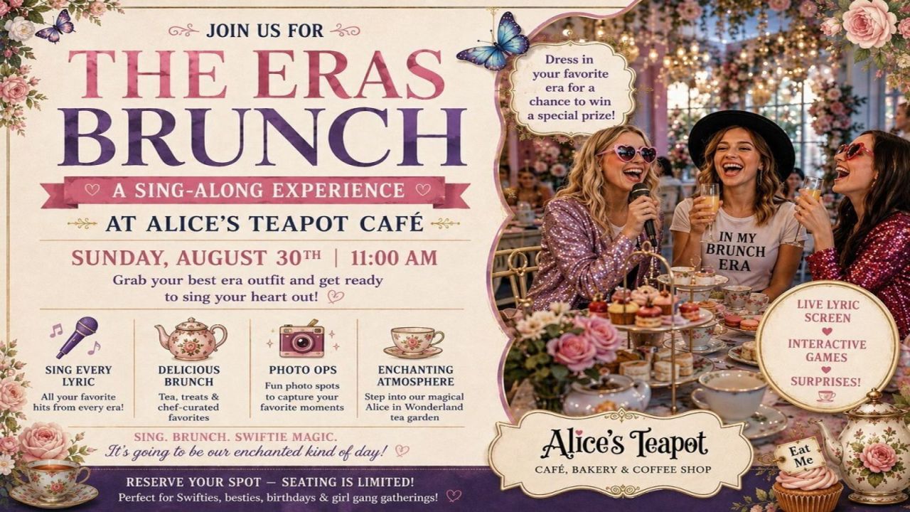 Three women in colorful outfits and sunglasses laugh around a table with drinks at a whimsical café, promoting “The Eras Brunch” sing-along event inspired by Taylor Swift, with details about activities, date, and location. South Florida Business & Wealth