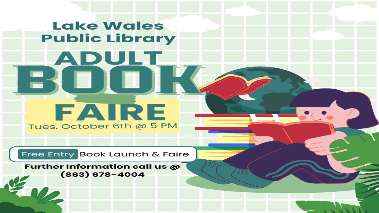 A woman sits reading on grass next to stacked books. Text: “Lake Wales Public Library Adult Book Faire, Tues. October 6th @ 5 PM. Free entry. Book Launch & Faire. Info: (863) 678-4004.”. South Florida Business & Wealth