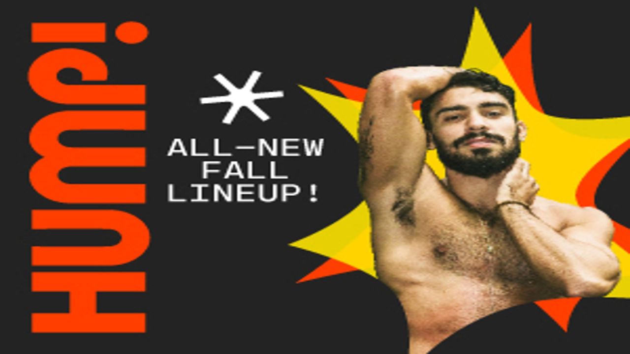 Shirtless bearded man posing with arm up in front of orange starburst; bold “Hump!” text and “All-new Fall lineup!” message on black background. South Florida Business & Wealth