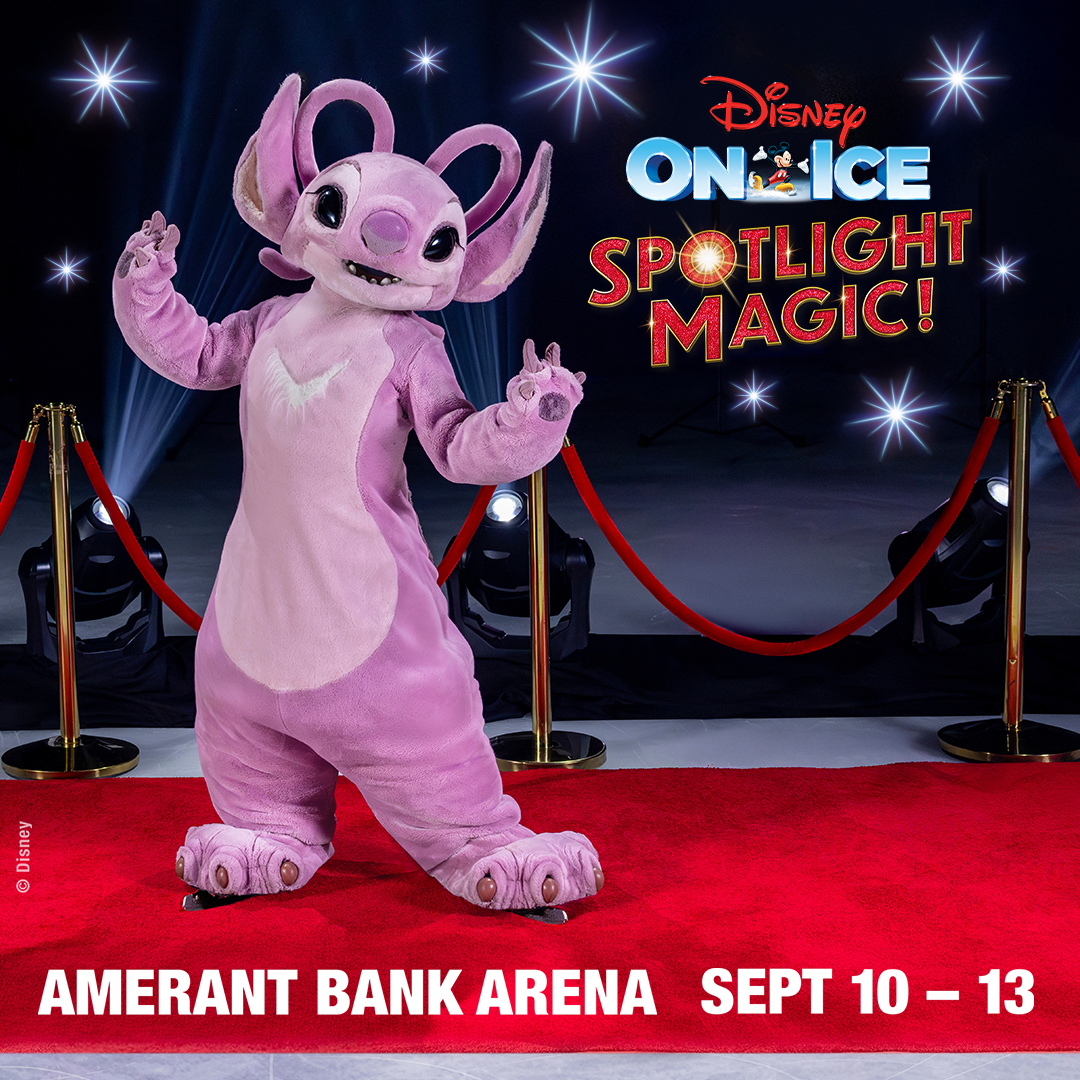 A pink, cartoonish alien character poses on a red carpet in front of a Disney On Ice: Spotlight Magic! backdrop. Text at the bottom reads “AMERANT BANK ARENA SEPT 10 – 13.”. South Florida Business & Wealth