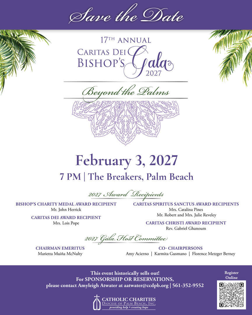 Save the Date flyer for the 17th Annual Caritas Dei Bishop’s Gala, February 3, 2027, at The Breakers, Palm Beach. Includes award recipients, host committee, contact info, and RSVP details. Purple and green design. South Florida Business & Wealth