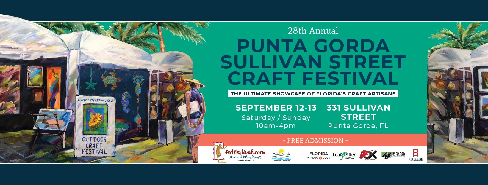 Colorful painting of an outdoor craft festival with white tents, palm trees, and signs. Text promotes the 28th Annual Punta Gorda Sullivan Street Craft Festival, Sept 12-13, 10am-4pm, 331 Sullivan St, Punta Gorda, FL. Free admission. South Florida Business & Wealth
