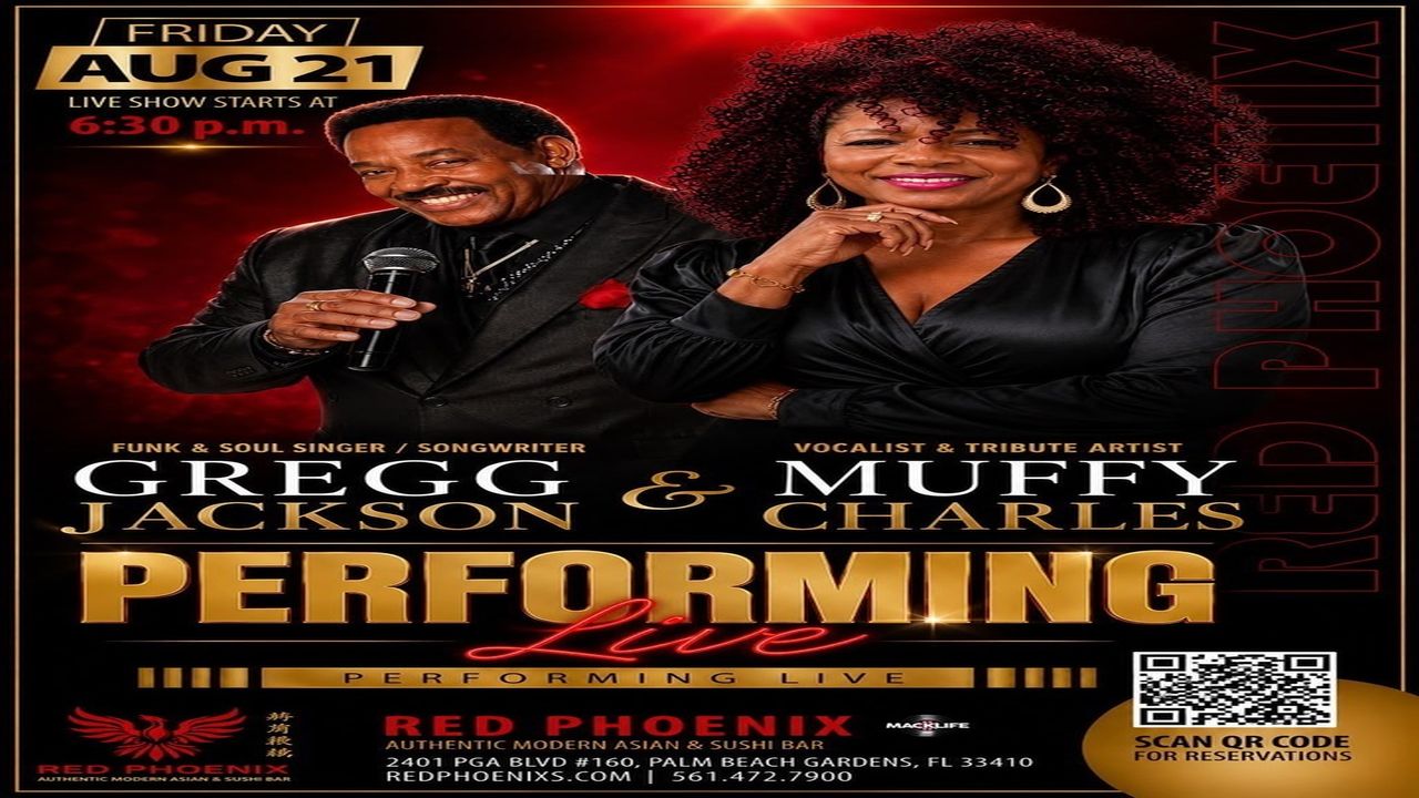Poster for a live show with Gregg Jackson and Muffy Charles, smiling and dressed formally. Show details: August 21, 6:30 p.m., at Red Phoenix, Palm Beach Gardens, FL. Includes event and contact info. South Florida Business & Wealth