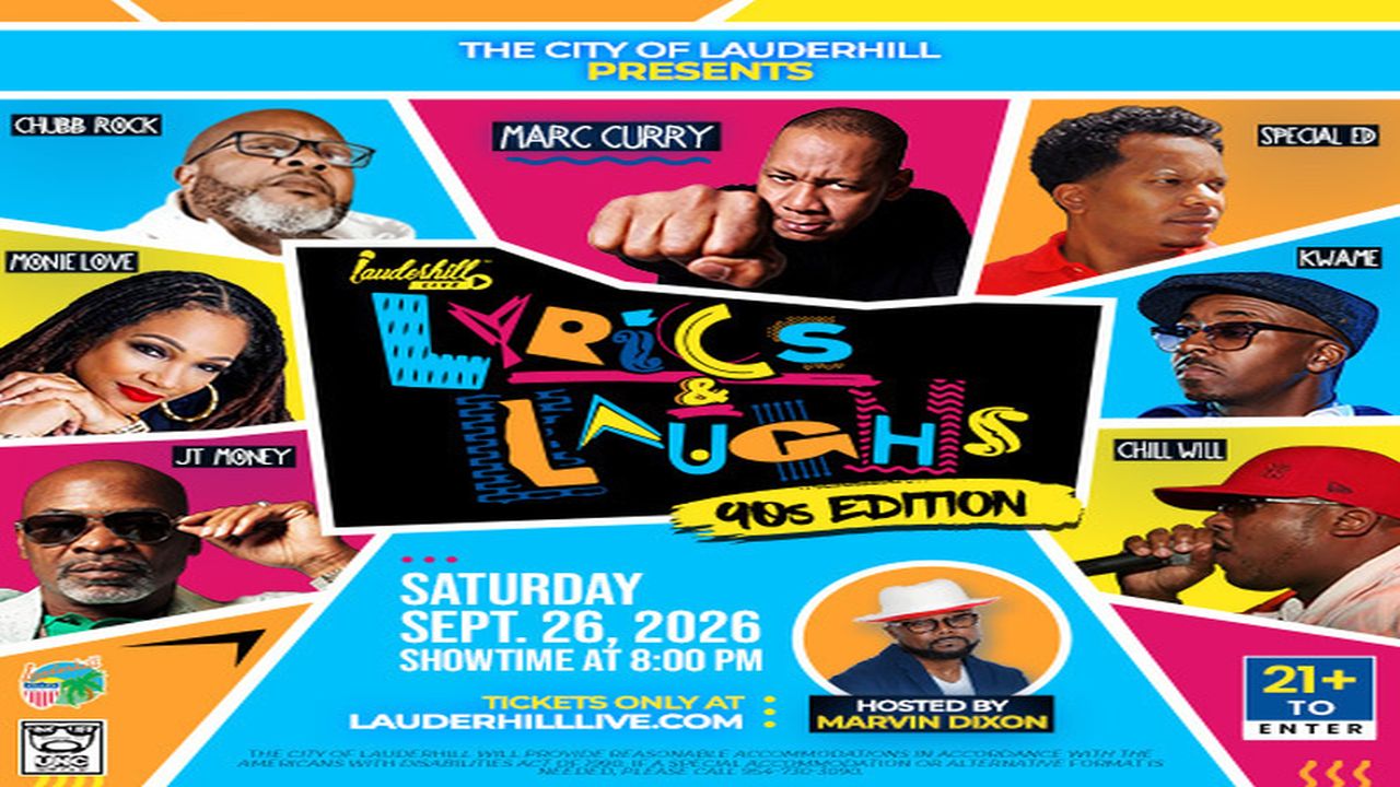 Colorful event flyer for “Lyrics & Laughs 90s Edition” featuring photos of comedians and musicians. Event on Sept. 26, 2026, at 8 PM in Lauderhill. Hosted by Marvin Dixon. Age 21+ to enter. South Florida Business & Wealth