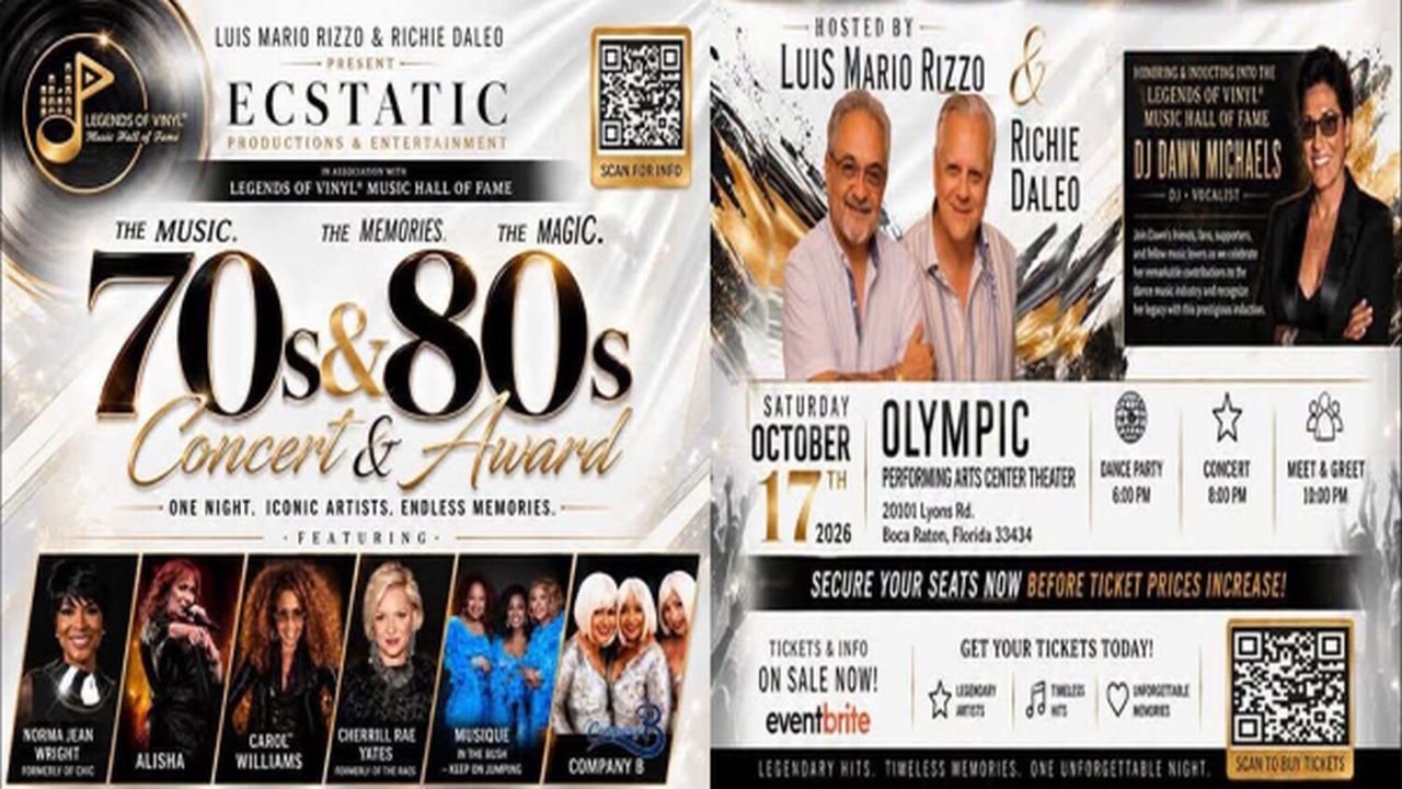 Promotional flyer for a 70s & 80s concert and award held on October 17, 2026, at Olympic in New York, featuring various artists, ticket info, and event details. South Florida Business & Wealth