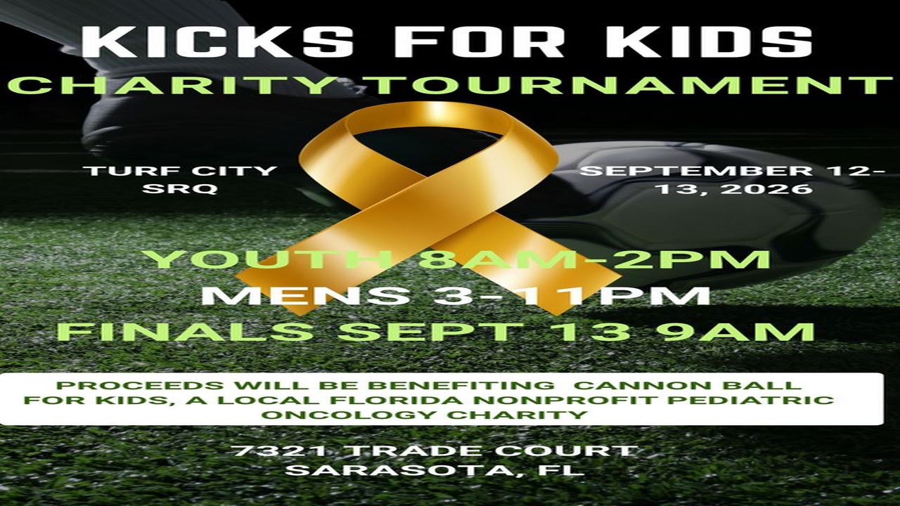 Soccer tournament flyer with gold ribbon, event details, and text about benefiting Cannon Ball for Kids, a pediatric oncology charity. Finals on Sept 13 at 9AM. Location: 7321 Trade Court, Sarasota, FL. South Florida Business & Wealth