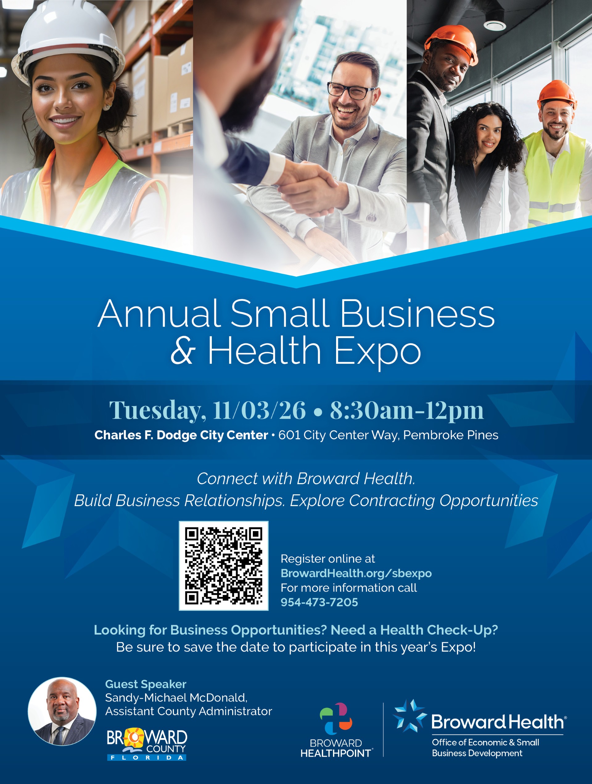 Smiling professionals in business attire and safety gear stand together, promoting the Annual Small Business & Health Expo event info, registration QR code, and contact details on a blue geometric background. South Florida Business & Wealth