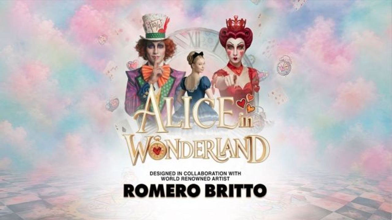 Alice stands between the Mad Hatter and Queen of Hearts, with “Alice in Wonderland” text below and colorful, whimsical background art. Text credits artist Romero Britto. South Florida Business & Wealth