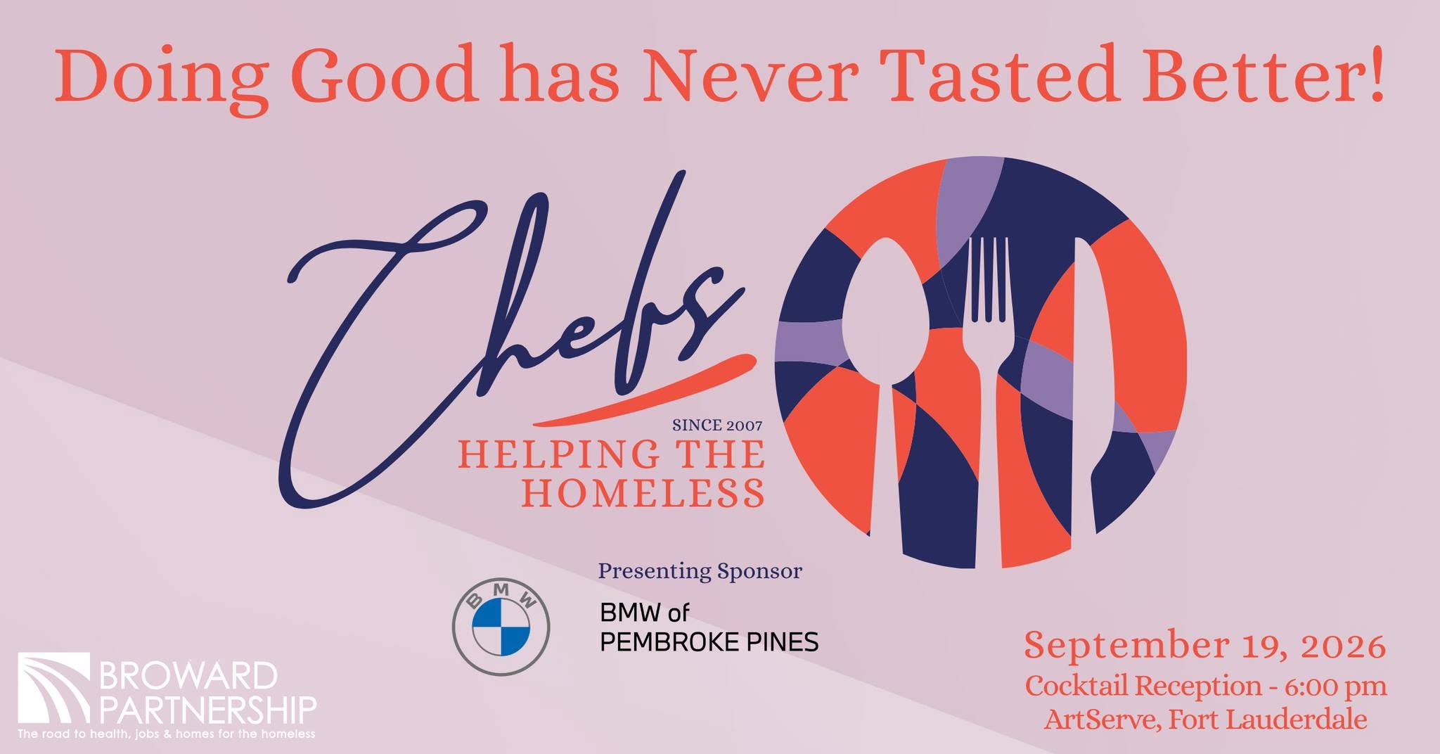 Event flyer with text: “Doing Good has Never Tasted Better! Chefs Helping the Homeless. September 19, 2026, Cocktail Reception 6:00 pm, ArtServe, Fort Lauderdale.” Logos and fork, knife, spoon graphic shown. South Florida Business & Wealth