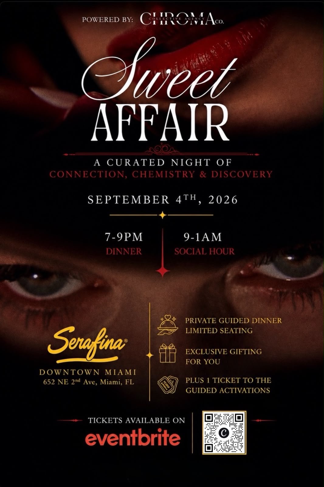Event poster for “Sweet Affair” on September 4, 2026, featuring dinner and a social hour at Serafina in Miami. Includes details for dinner, social hour, and ticket info with close-up photo of eyes in the background. South Florida Business & Wealth