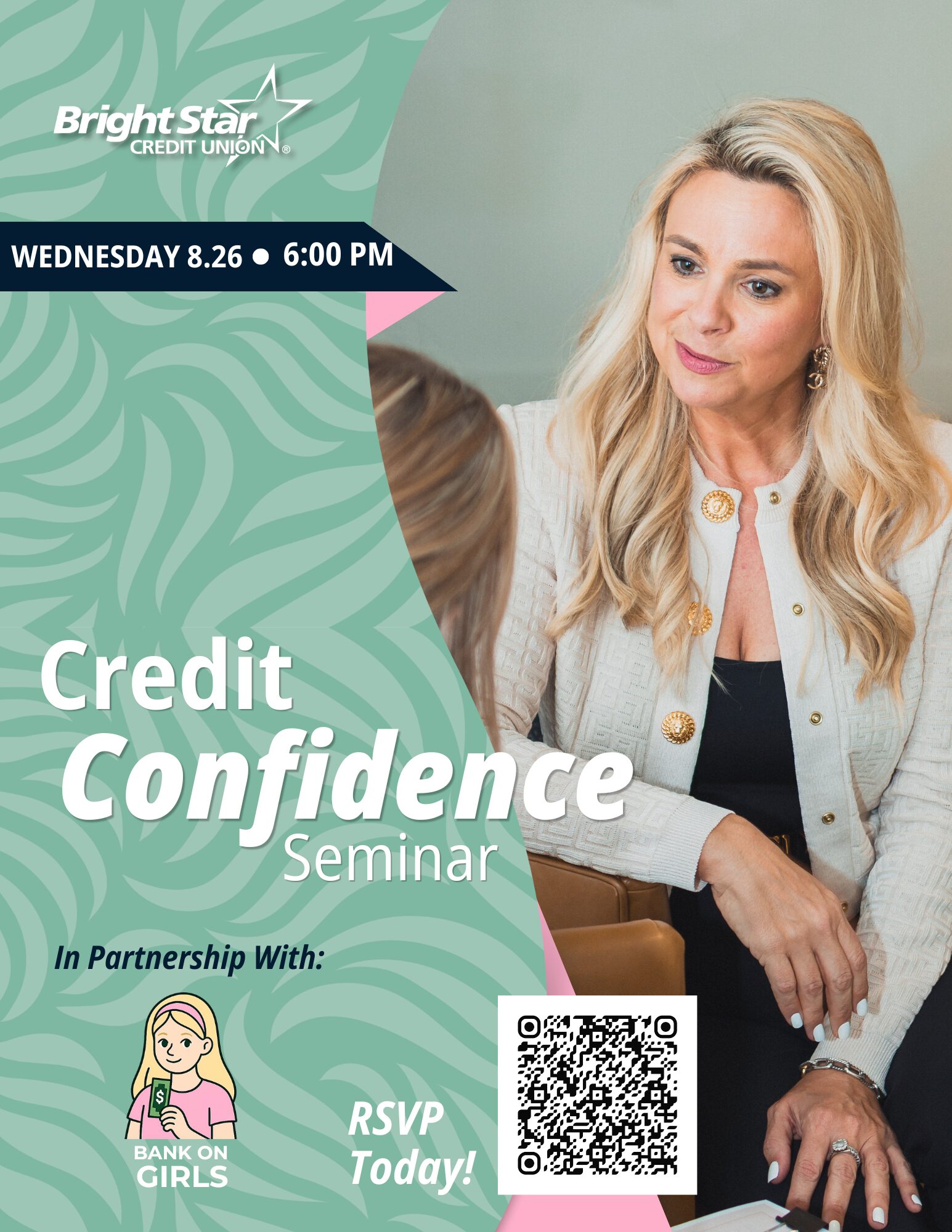A woman in business attire speaks, promoting a “Credit Confidence Seminar” by BrightStar Credit Union on Wednesday, 8/26 at 6:00 PM. Includes a QR code, RSVP note, and Bank on Girls partnership logo. South Florida Business & Wealth
