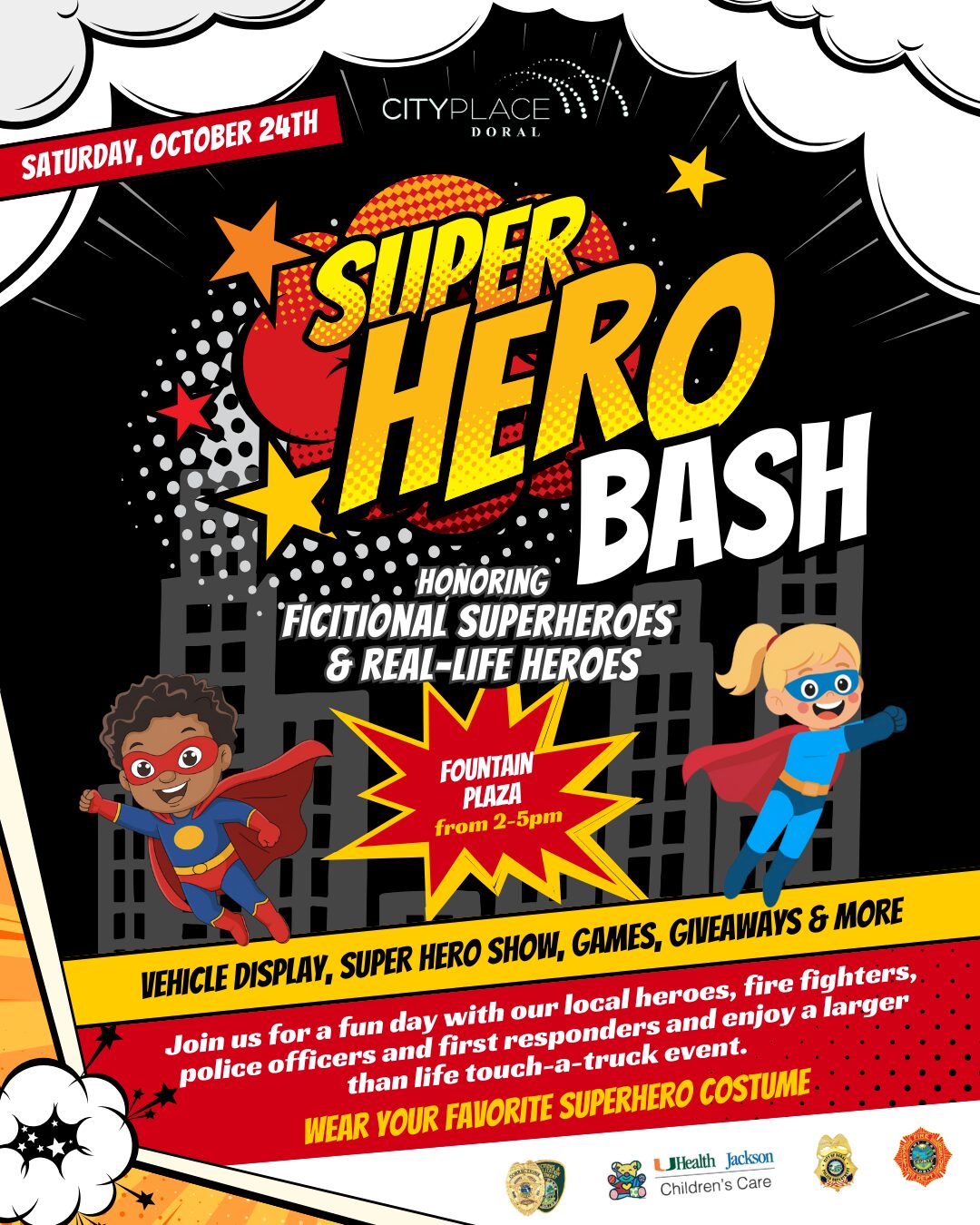 Colorful flyer for a “Super Hero Bash” featuring cartoon superheroes, event details, date (Oct 24th), time (2-5pm), and activities like shows, games, and giveaways. Encourages wearing superhero costumes. South Florida Business & Wealth