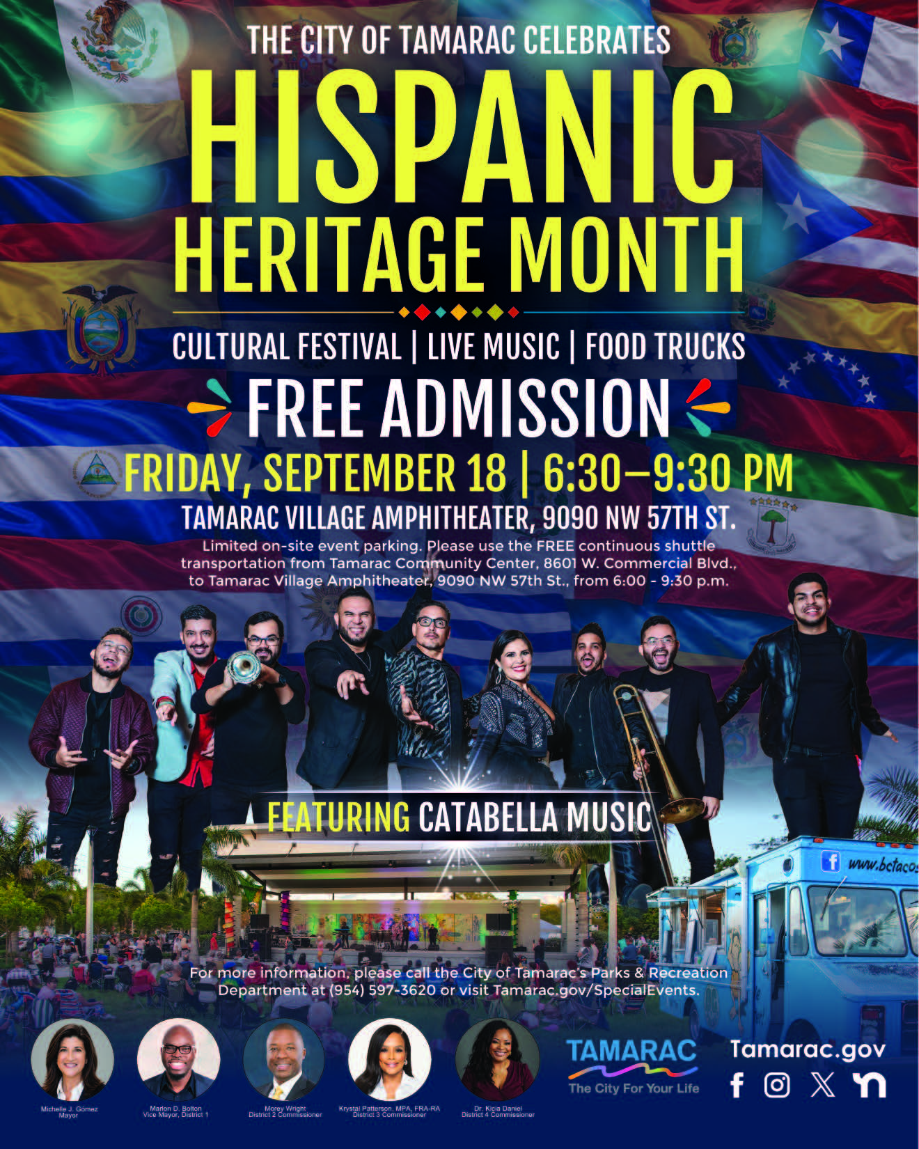 Poster for the City of Tamarac’s Hispanic Heritage Month event with colorful flags, musicians, and event details. Free admission, live music by Catabella Music, food trucks, and festival info. South Florida Business & Wealth