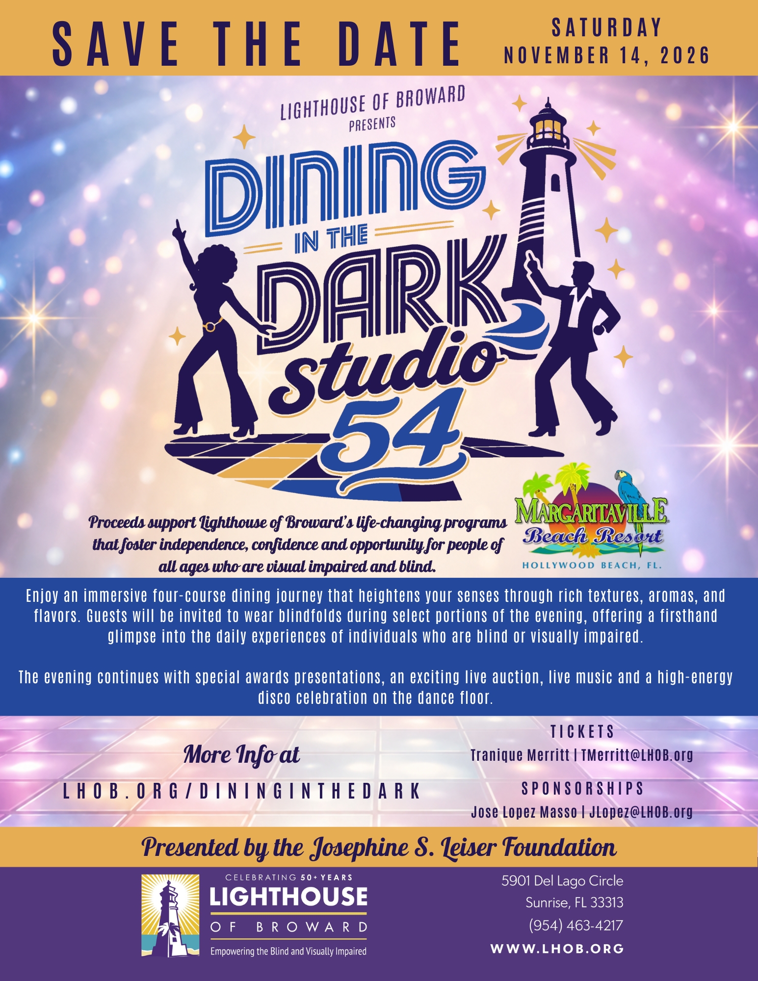 Colorful flyer for “Dining in the Dark Studio 54” on November 14, 2026, at Margaritaville to benefit Lighthouse of Broward, featuring disco-themed graphics, a lighthouse, event details, and sponsor info. South Florida Business & Wealth