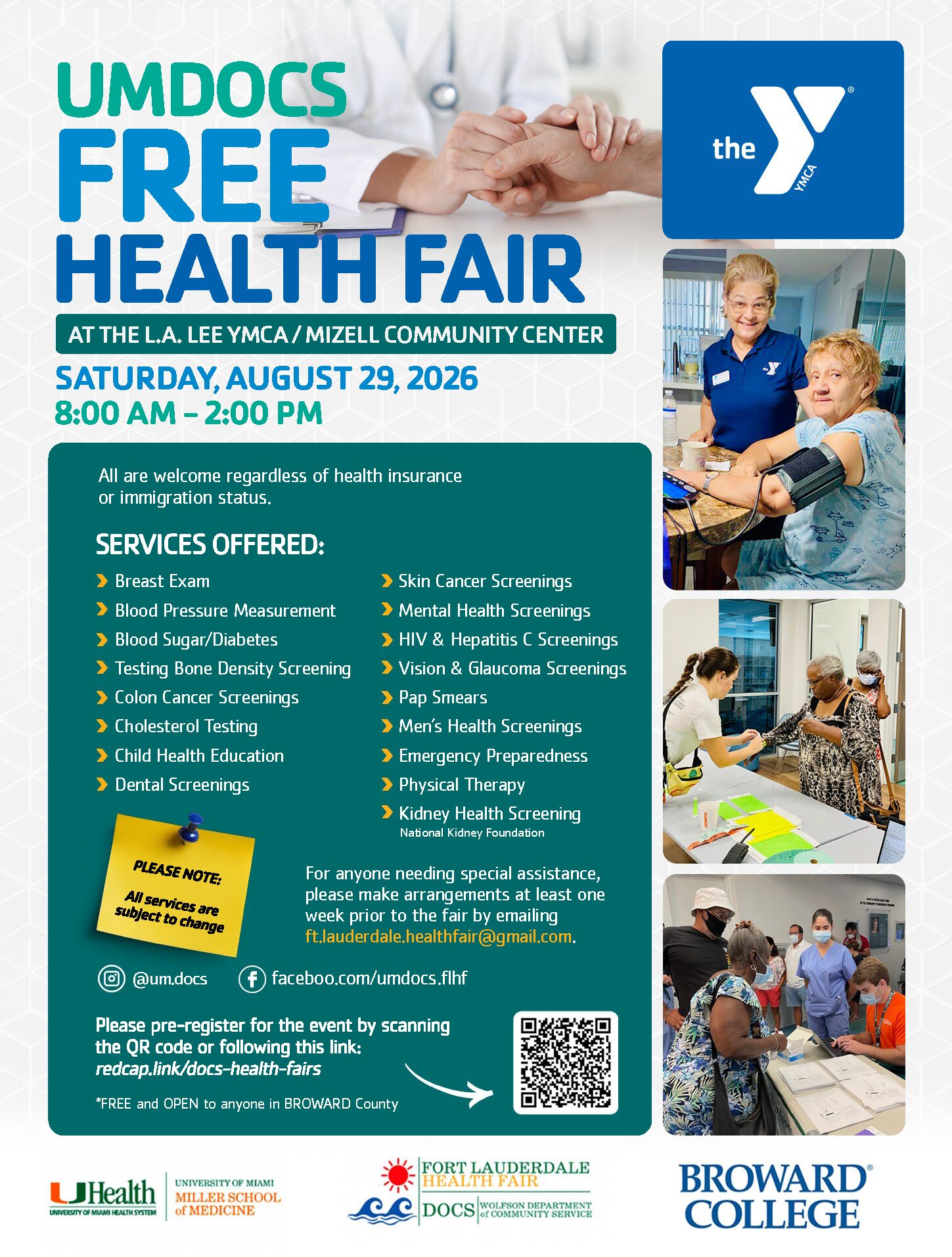 Flyer for UMDOCS Free Health Fair on August 29, 2026, 8 AM-2 PM, at the L.A. Lee YMCA. Lists free health screenings, contact info, and logos for University of Miami, Broward College, YMCA, and others. South Florida Business & Wealth