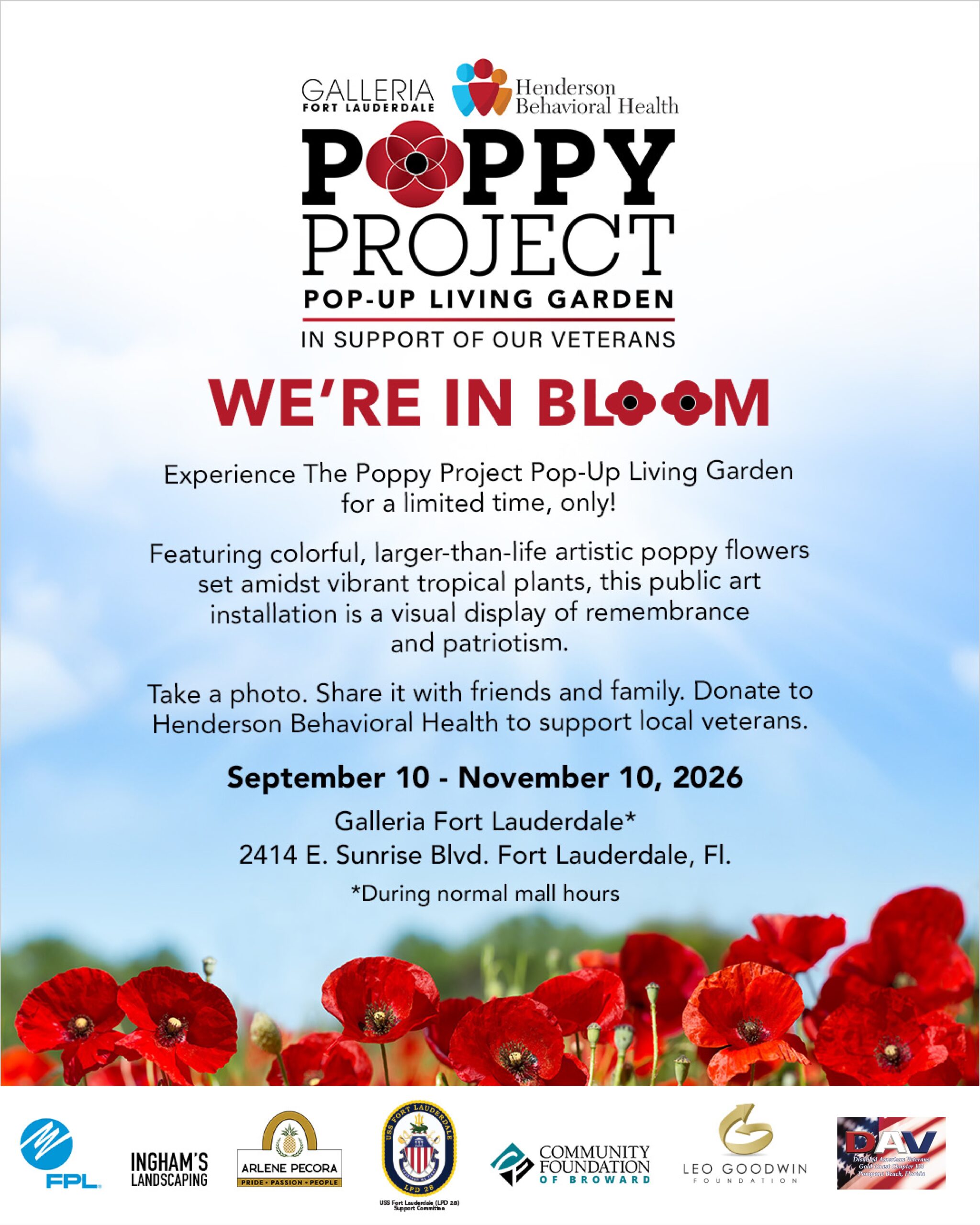 Flyer for the Poppy Project Pop-Up Living Garden, Sept 10-Nov 10, 2026, at Galleria Fort Lauderdale, supporting veterans. Includes event info, poppy art, sponsor logos, and a “WE’RE IN BLOOM” headline. South Florida Business & Wealth