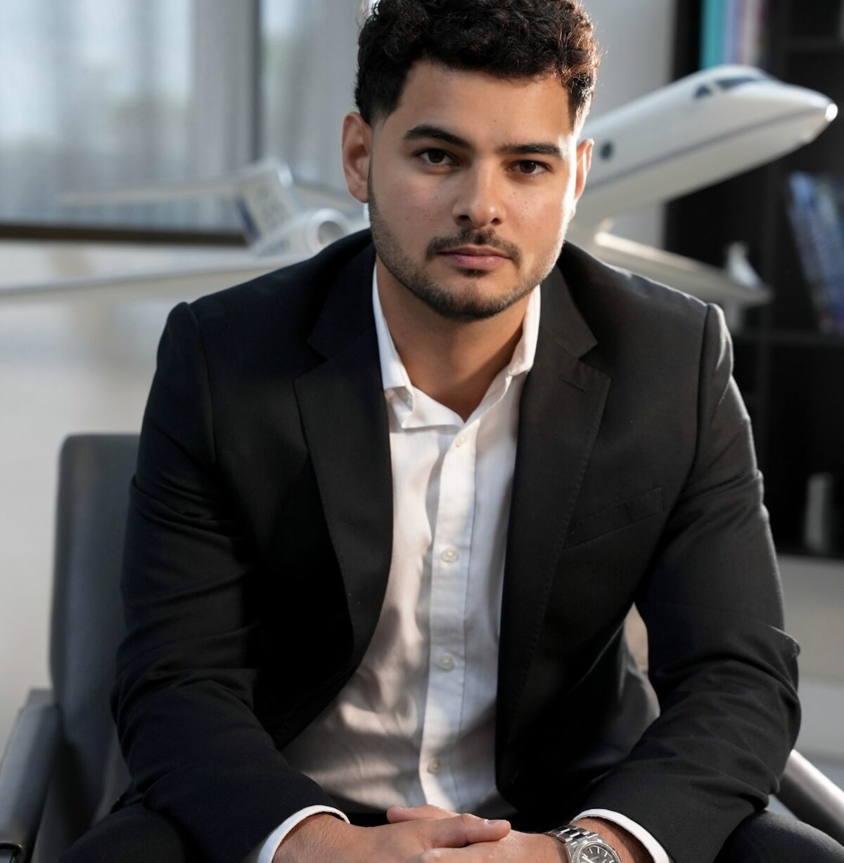 A man in a black suit sits in an office chair, hands clasped, with a model airplane in the background and large windows letting in natural light. South Florida Business & Wealth