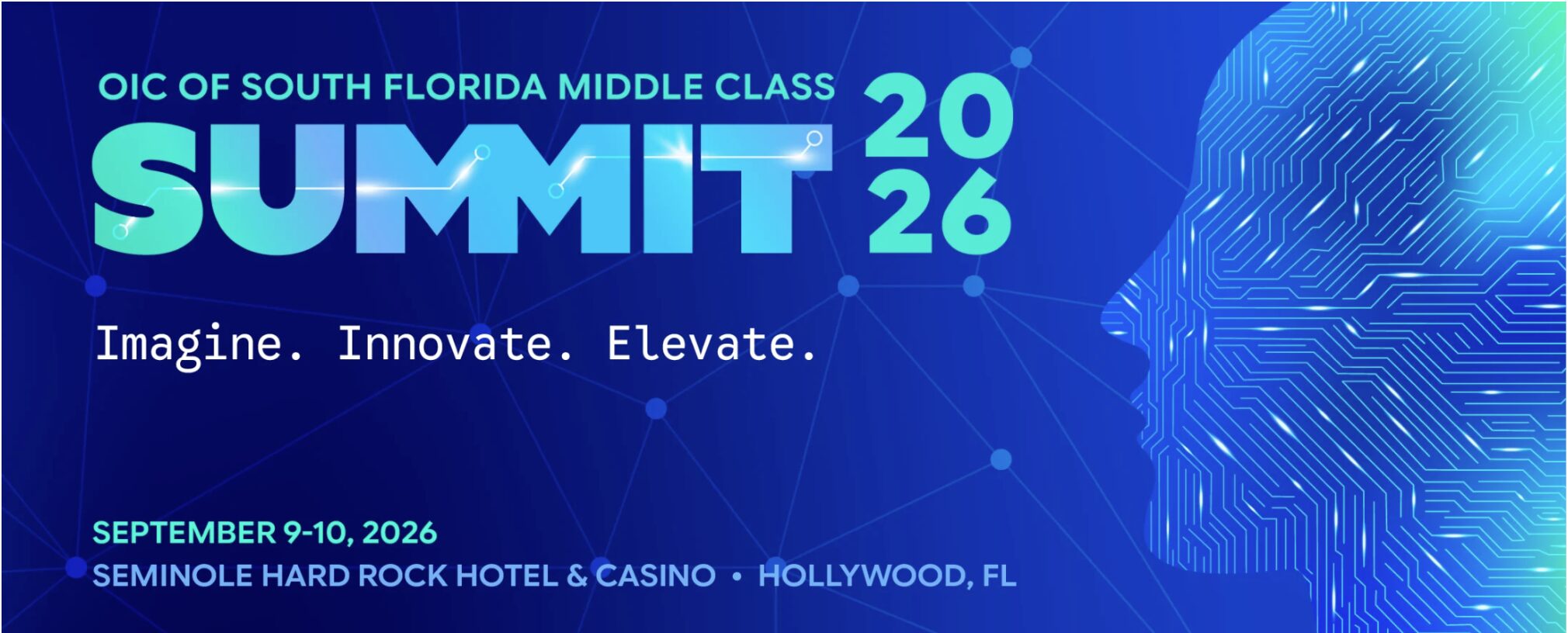 Blue event banner for “Summit 2026” with outline of a digital human face, event date September 9-10, 2026, in Hollywood, FL, and the words “Imagine. Innovate. Elevate.”. South Florida Business & Wealth
