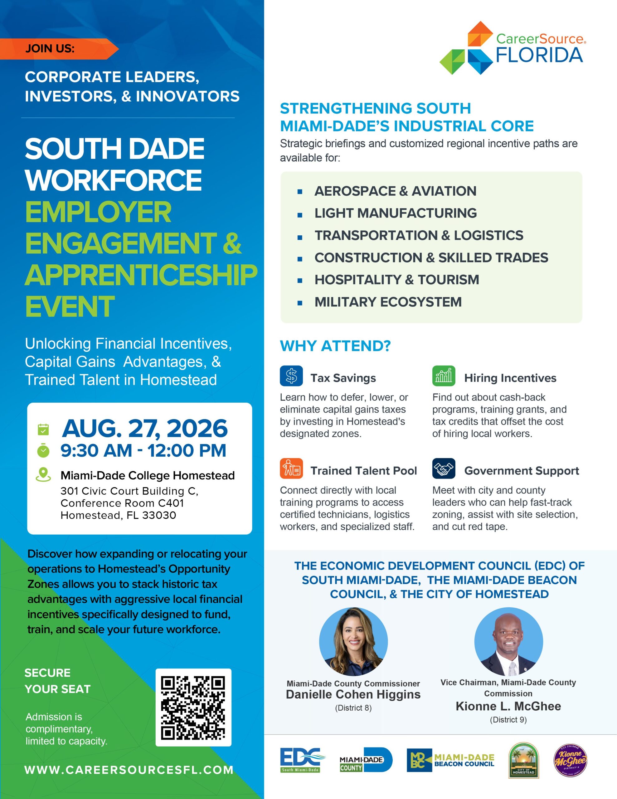 Flyer for South Dade Workforce event on Aug. 27, 2026, with event details, key industries, benefits, speakers, and contact info. Blue, yellow, and white design with logos and headshots of Danielle Cohen Higgins and Michael D. Cadore Sr. South Florida Business & Wealth