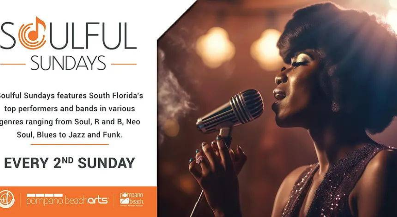 A woman sings into a vintage microphone against a dark background. Text promotes “Soulful Sundays,” featuring live soul, R&B, jazz, and funk music in South Florida, held every second Sunday. South Florida Business & Wealth