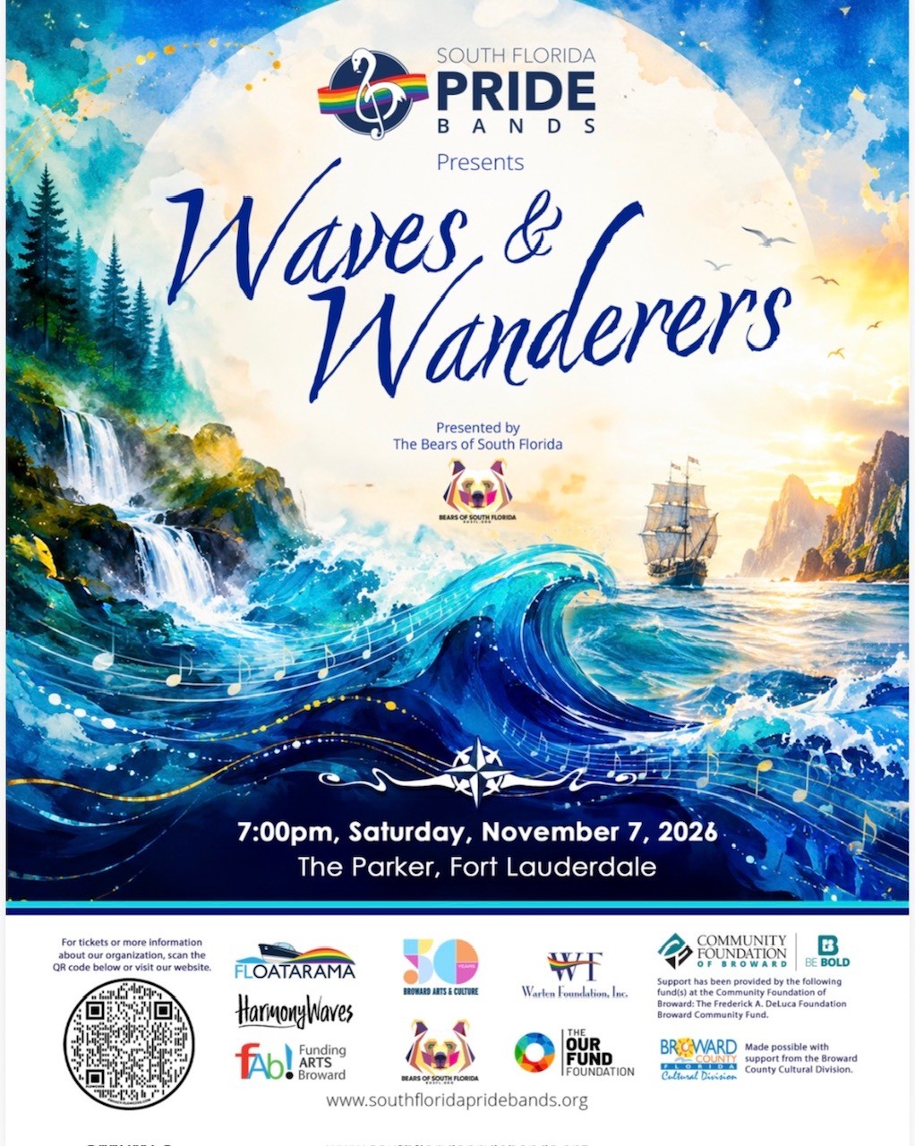 Colorful poster for “Waves & Wanderers” by South Florida Pride Bands, showing ocean waves, coastal cliffs, a sailing ship, and event details for November 7, 2026, at The Parker, Fort Lauderdale. Logos are at the bottom. South Florida Business & Wealth