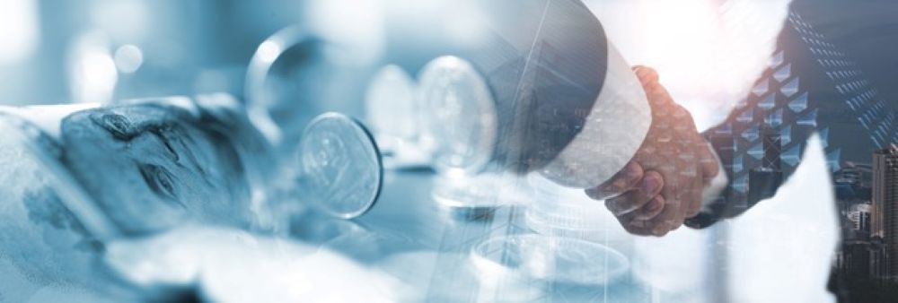 Two people shaking hands, overlaid with images of coins and dollar bills, representing a business deal or financial agreement. South Florida Business & Wealth