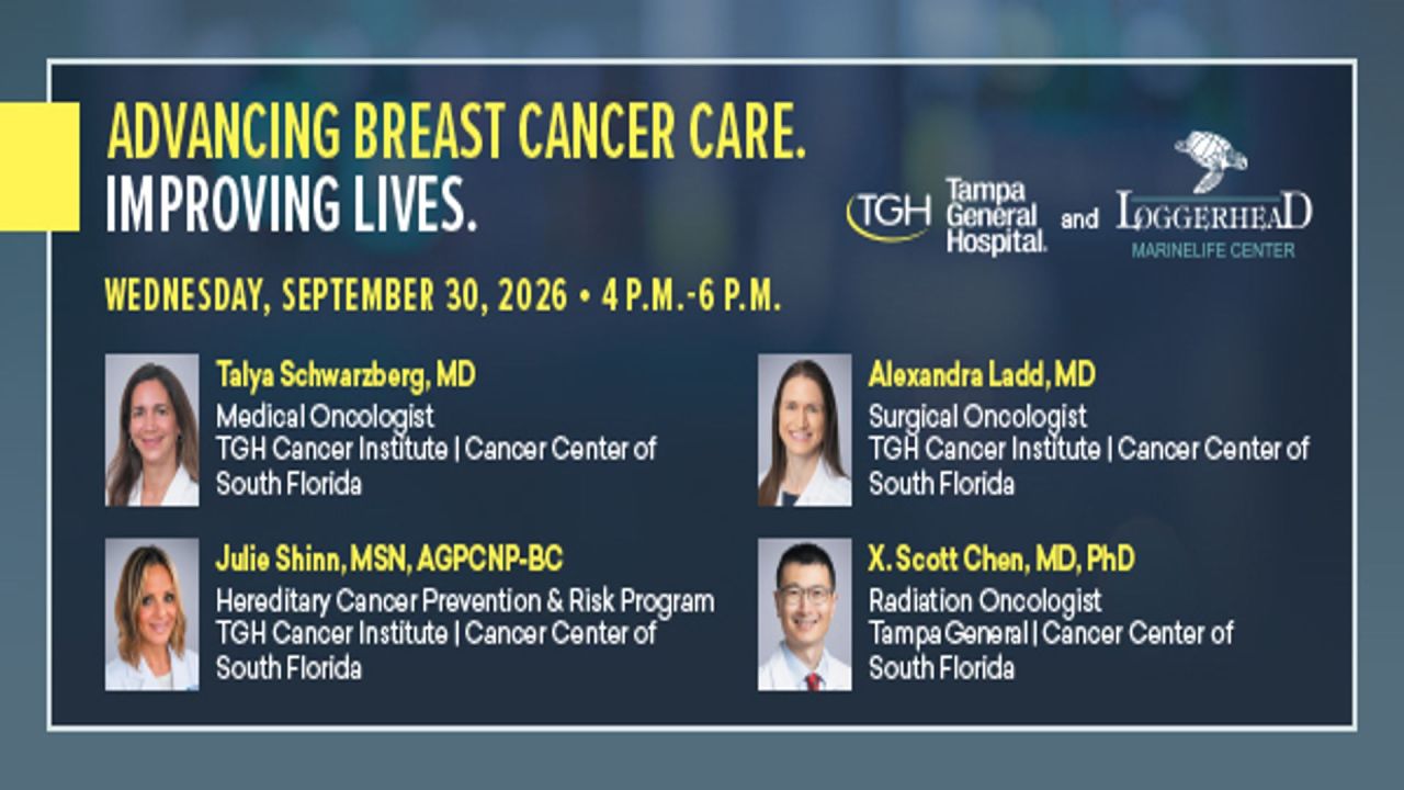 Event flyer for a breast cancer care panel with four speakers, including doctors and a nurse practitioner, scheduled for September 30, 2026, from 4–6 p.m., hosted by Tampa General Hospital and Loggerhead Marinelife Center. South Florida Business & Wealth