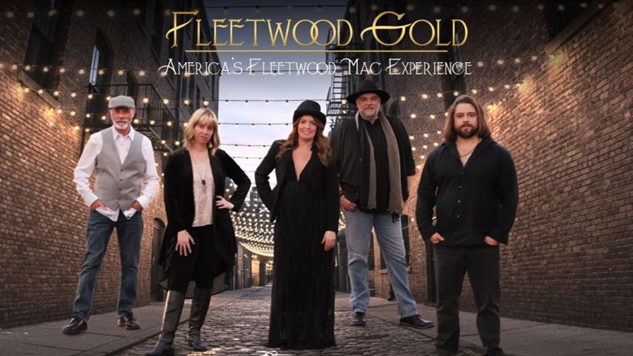 Five people stand on a cobblestone street with string lights overhead. The text “Fleetwood Gold: America’s Fleetwood Mac Experience” is above them. They pose confidently, dressed in casual and stylish clothing. South Florida Business & Wealth