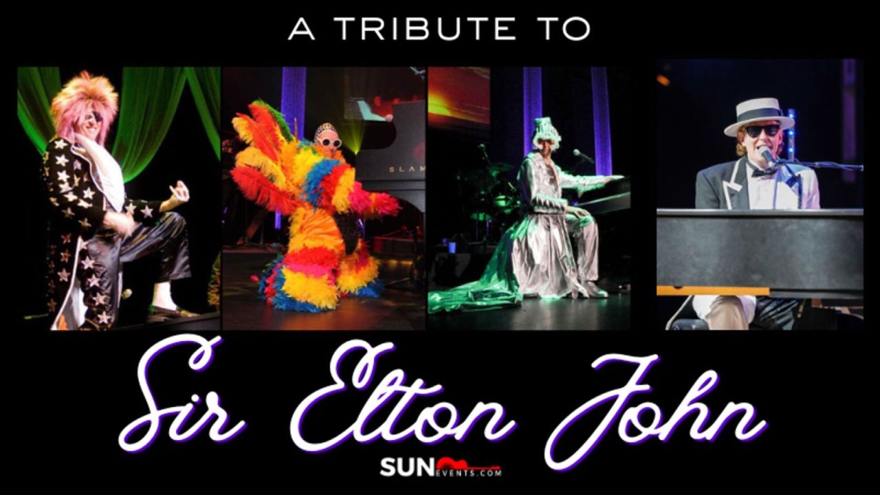 Four photos of a performer dressed as Elton John in colorful costumes, playing piano and singing, with text reading “A Tribute to Sir Elton John” above the images. South Florida Business & Wealth