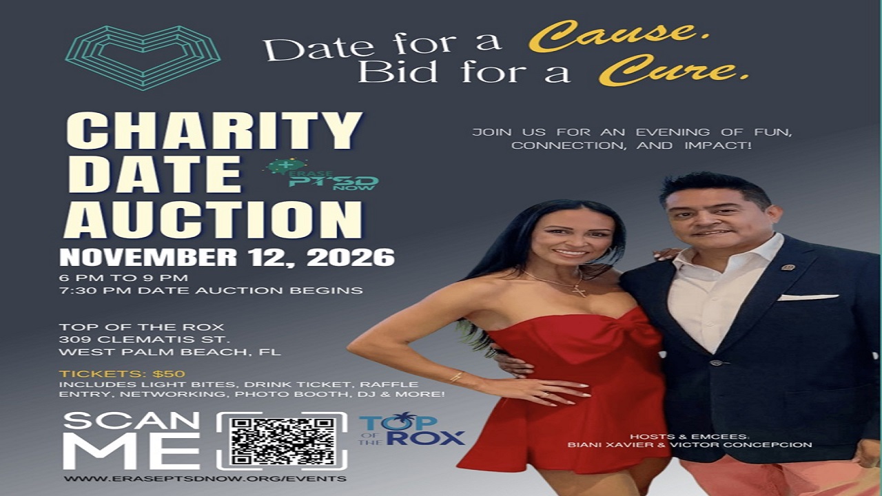 Two hosts, a woman in a red dress and a man in a suit, stand together smiling. The event is a Charity Date Auction for a cause, held November 12, 2026, in West Palm Beach, FL. Ticket info and QR code are shown. South Florida Business & Wealth