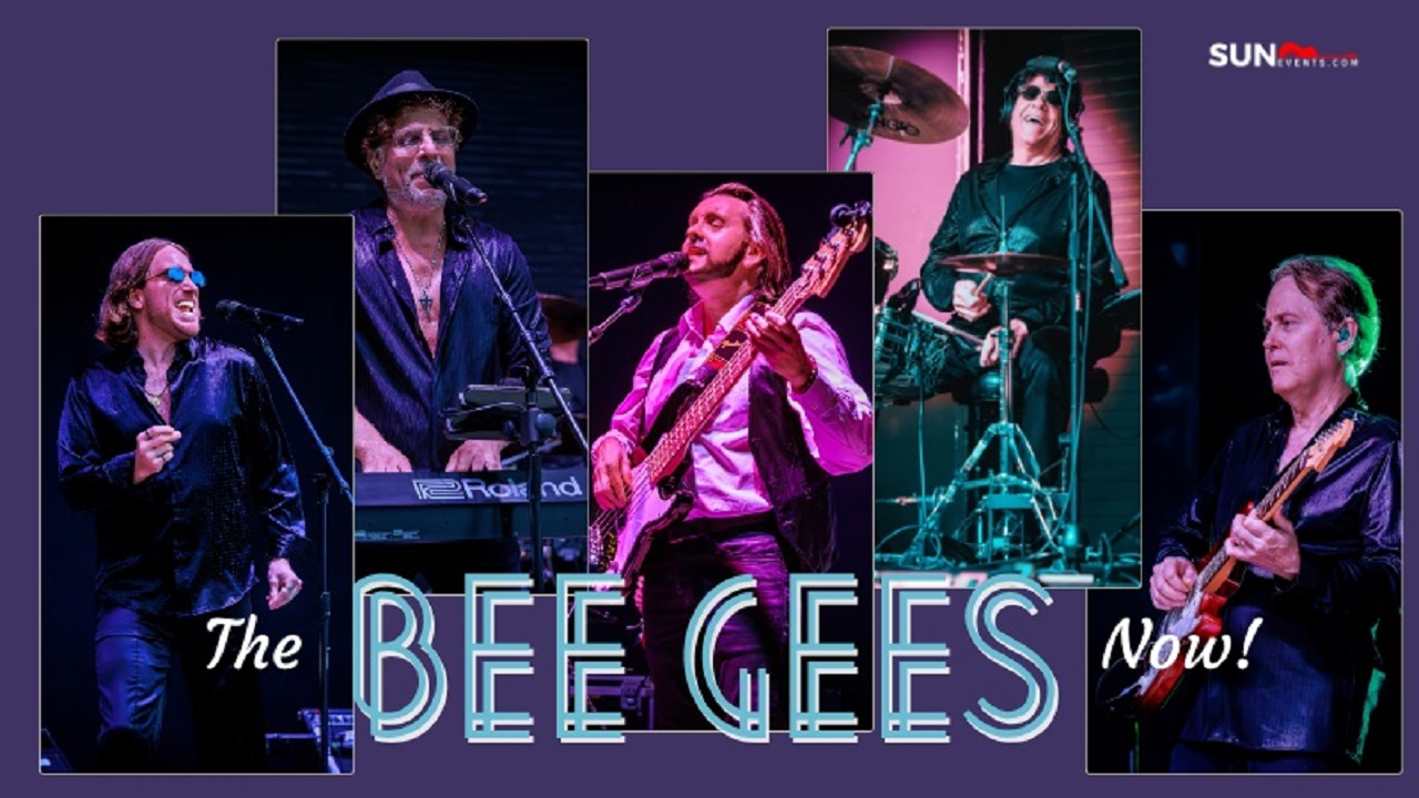 Five musicians perform on stage with instruments under colorful lights. Text reads “The BEE GEES Now!” and “SUN events” in the corner. Each performer is shown in a separate panel. South Florida Business & Wealth
