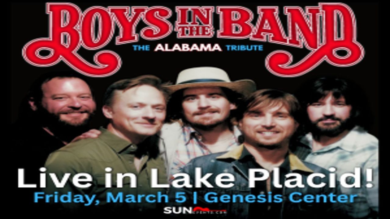 Five men standing close together, smiling, under the “Boys In The Band: The Alabama Tribute” logo. Text below reads: “Live in Lake Placid! Friday, March 5 | Genesis Center.”. South Florida Business & Wealth