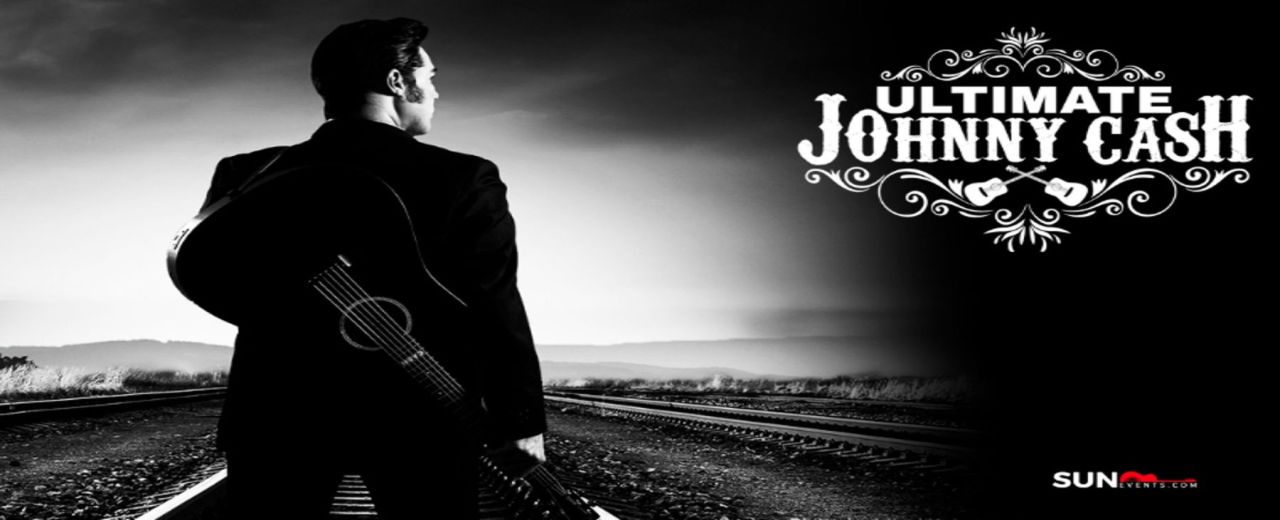 A man in black stands on railroad tracks holding a guitar. The text “Ultimate Johnny Cash” and the Sun Records logo appear on the right against a black background. South Florida Business & Wealth