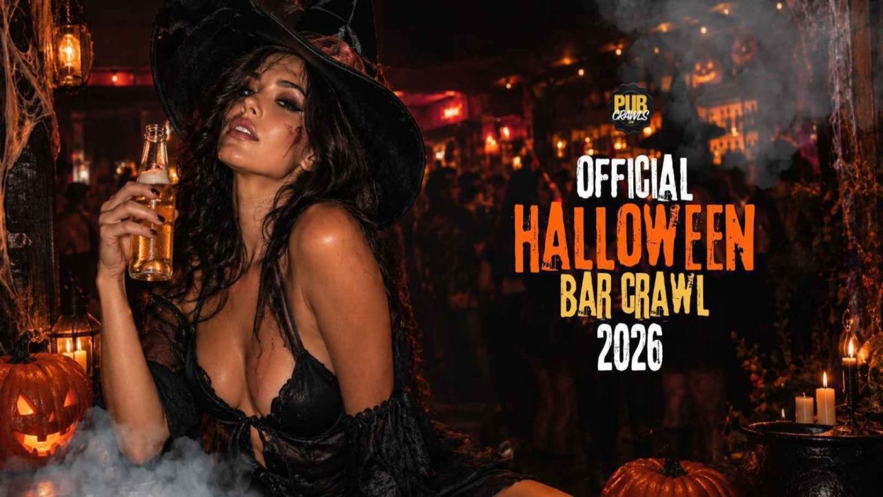 A woman in a witch costume holds a beer at a Halloween party with pumpkins and fog. Text reads: “Official Halloween Bar Crawl 2026.”. South Florida Business & Wealth