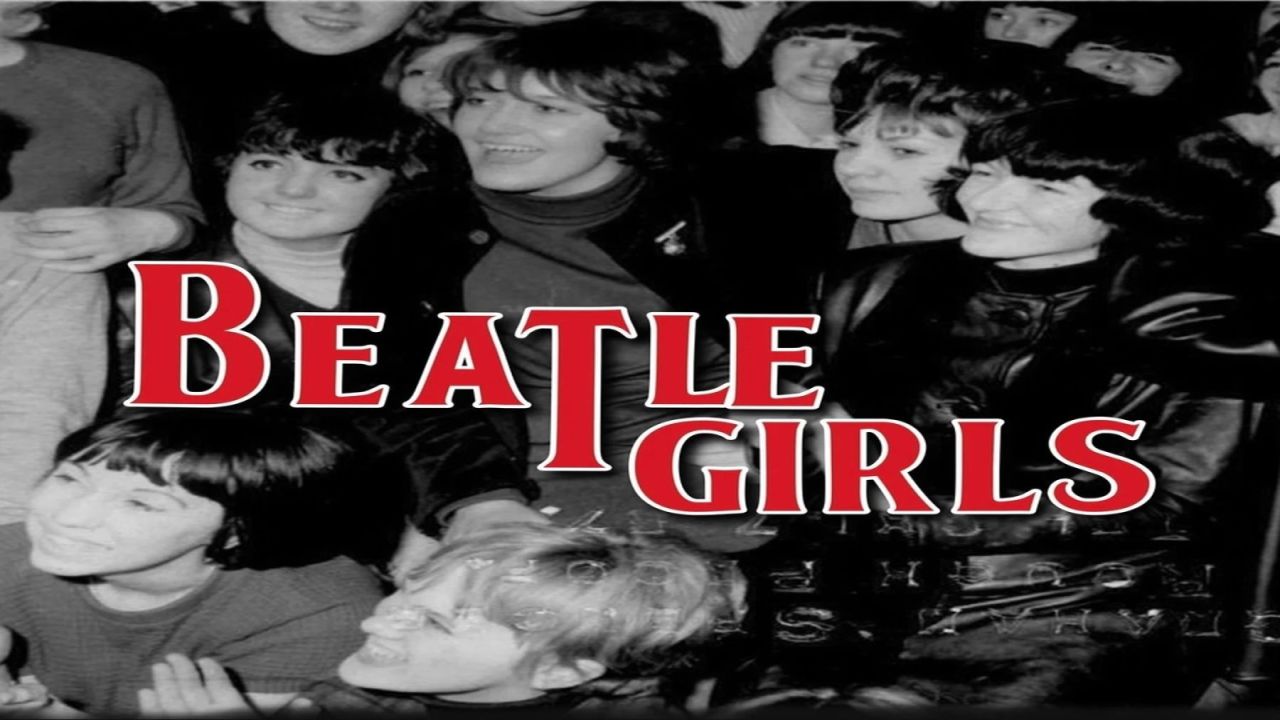 A group of young women smiles and cheers in a black and white photo with large red text overlaid that reads “Beatle Girls.”. South Florida Business & Wealth