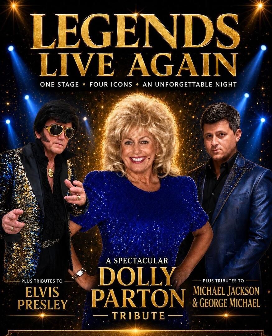 Three tribute artists dressed as Elvis Presley, Dolly Parton, and Michael Jackson pose under gold text reading “Legends Live Again” on a show poster promoting musical tribute performances. South Florida Business & Wealth