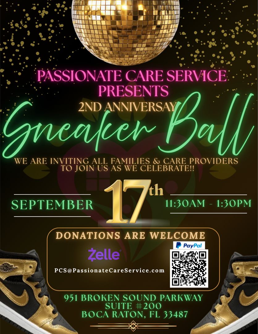 Event flyer with disco ball, gold sneakers, and green text inviting families and care providers to a 2nd Anniversary Sneaker Ball on September 17th, 11:30 AM-1:30 PM in Boca Raton, FL. Donation info included. South Florida Business & Wealth