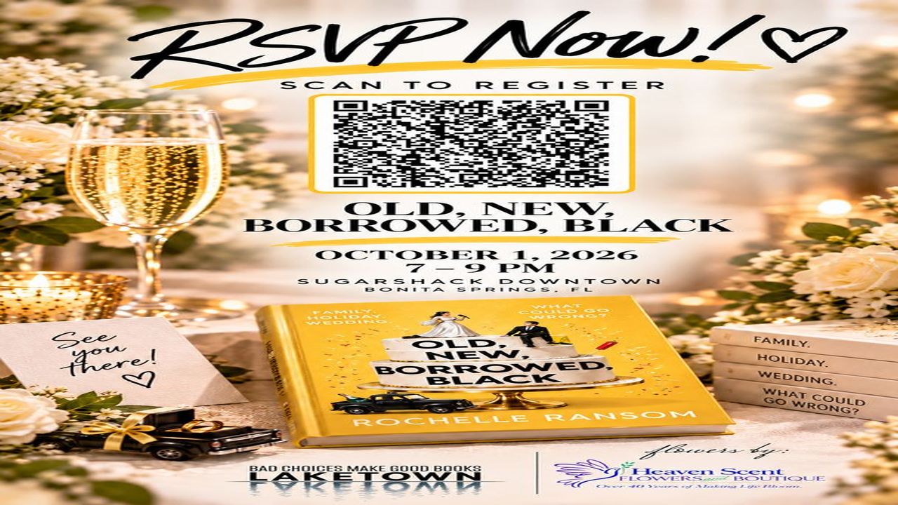 Invitation with flowers, champagne, and the book “Old, New, Borrowed, Black” by Rochelle Ransom. Includes a QR code for RSVP, event details for October 1, 2026, and decorative cards with event themes. South Florida Business & Wealth