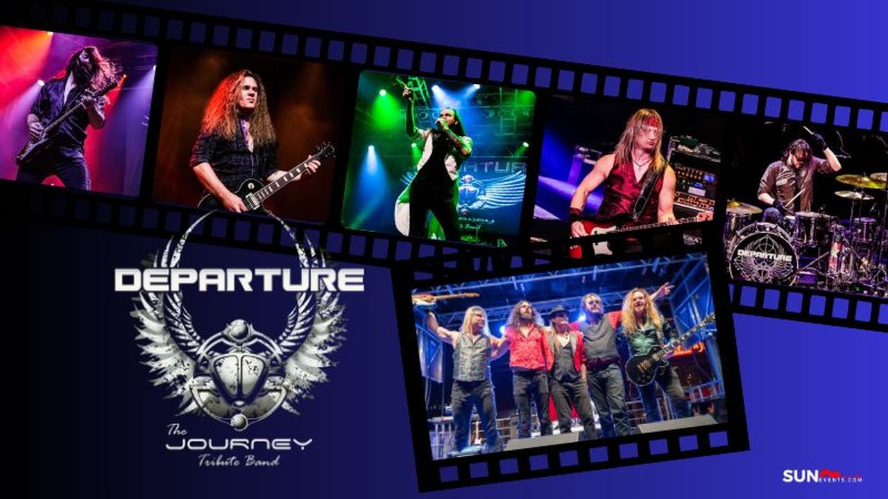 A collage of the band Departure performing on stage, with each member playing instruments. The band’s logo reads “Departure: The Journey Tribute Band” on a blue background with a filmstrip design. South Florida Business & Wealth